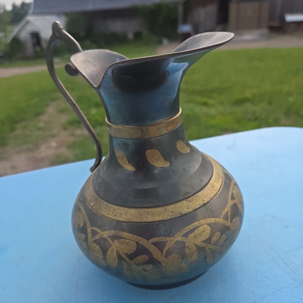 Vintage Ornate Solid Brass Inlaid Pitcher Ewer India Vase Original Patina